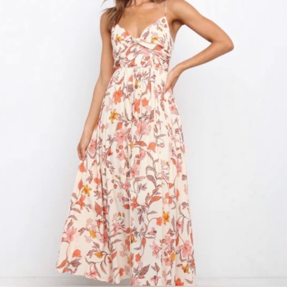 Floral Maxi Dress with Orange and Pink Accents